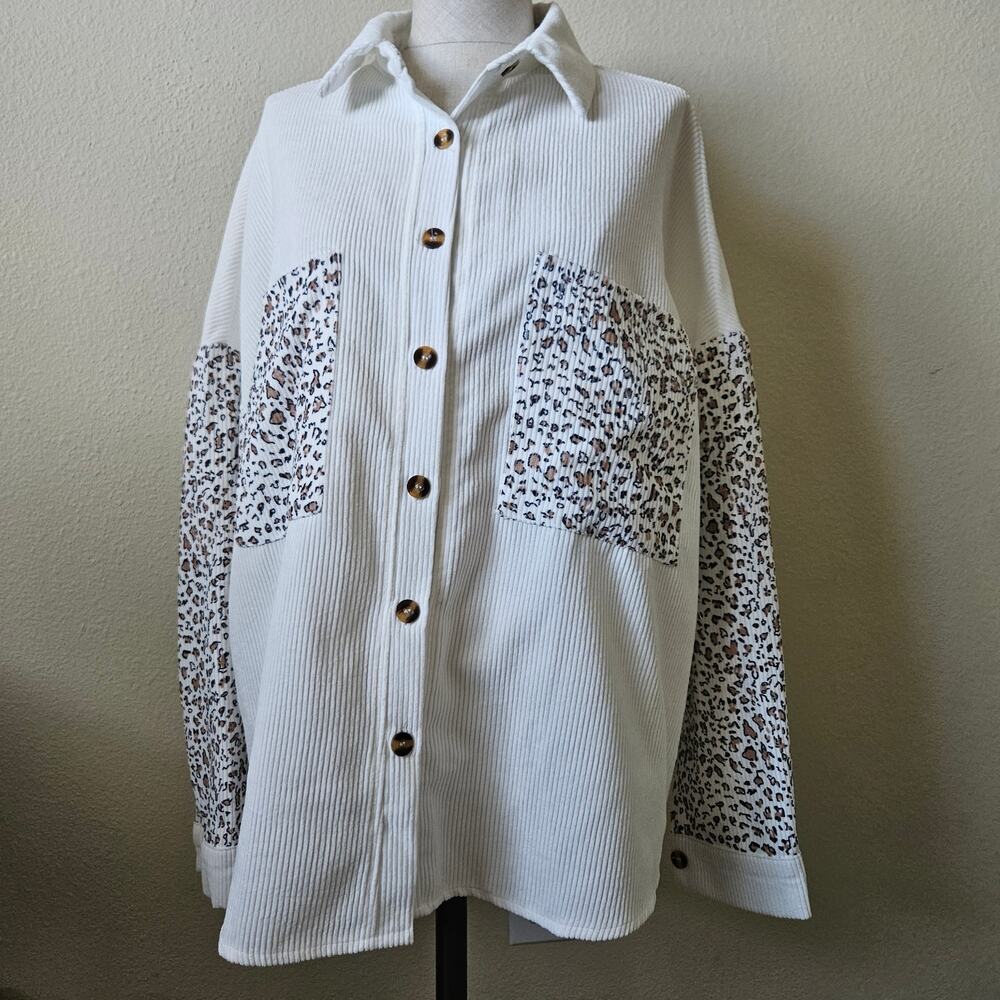 Loose Corduroy Shirt Jacket Long Sleeve Button Down Leopard Print Jacket Medium